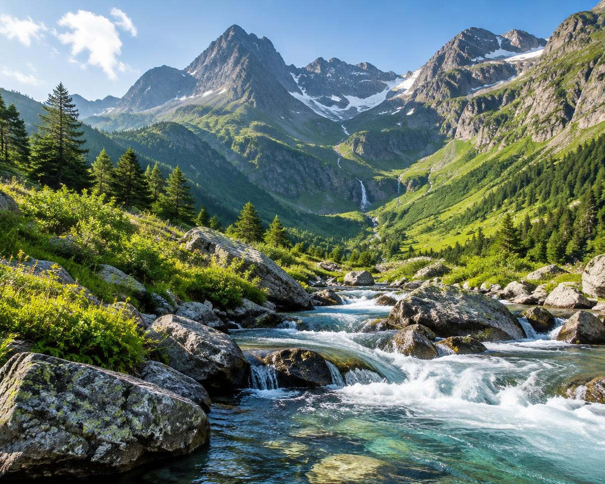Clear mountain stream winding through a green valley in the French Pyrenees